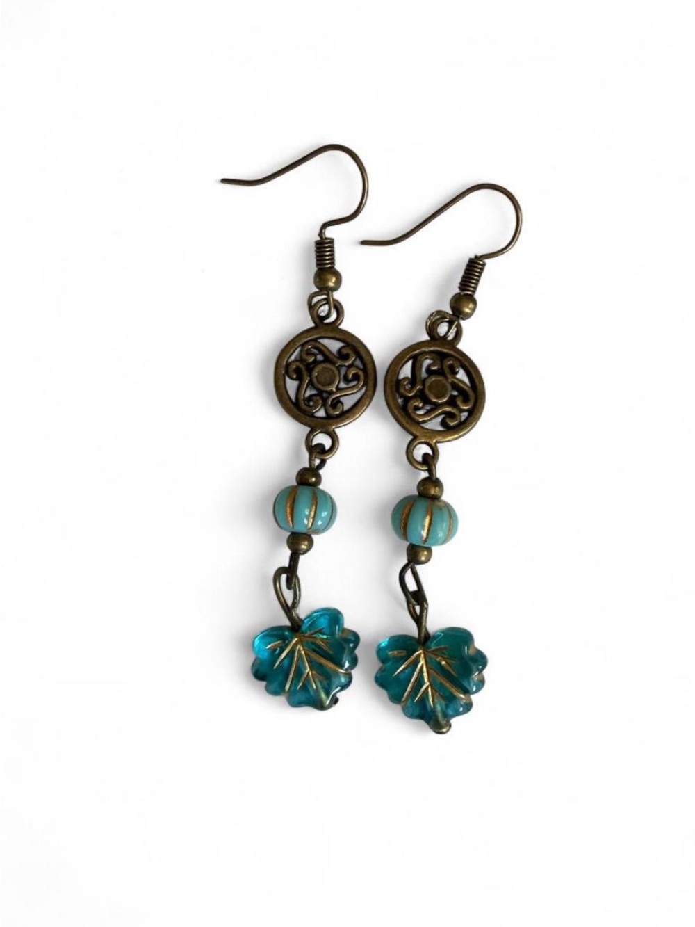 Handmade Vintage-Style Bronze Medallion & Blue Leaf Dangle Earrings
